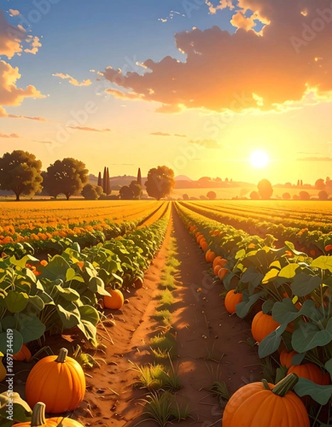 Fototapeta Pumpkin field at sunset with rows of orange pumpkins and green leaves under vibrant sky, creating warm and peaceful atmosphere
