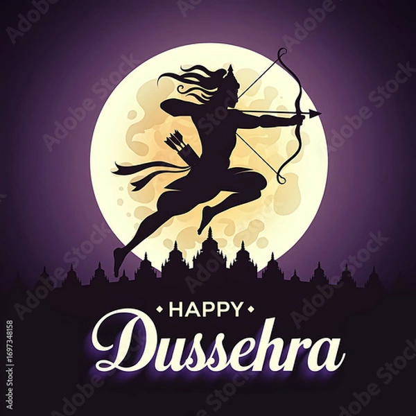 Fototapeta Happy Dussehra with silhouette of Rama shooting bow against moon hinduism