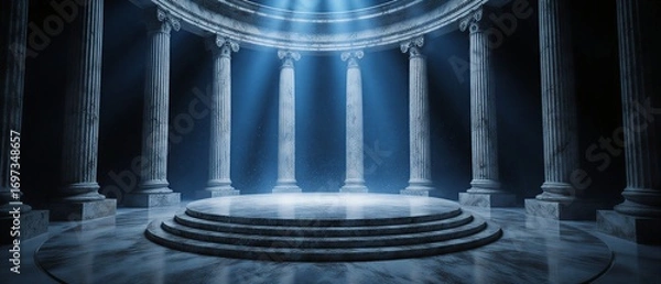 Fototapeta a dramatic greek-inspired stage with ornate pillars and a focused spotlight ideal for a display-all product launch or performance | greek, product display, architecture, ceremony, event theme