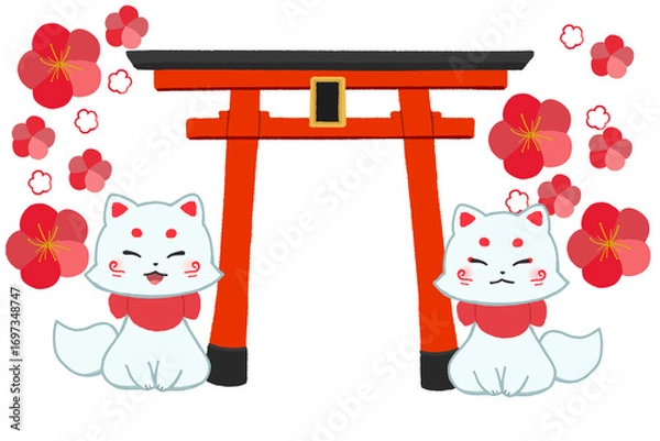 Obraz 梅の花と白狐テンプレート