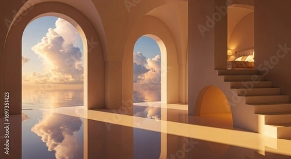 Fototapeta Elegant Archway Opens to Serene Ocean View, Luxurious Bedroom Awaits