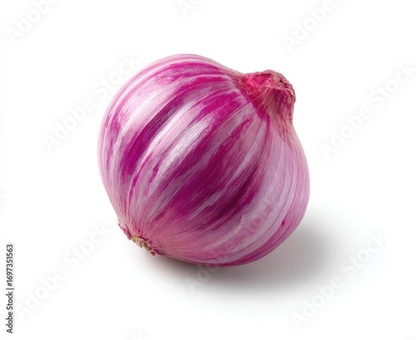 Fototapeta Red onion with layers, isolated on a white background, showing purple and white stripes and a small root