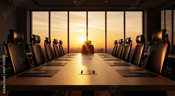 Fototapeta Elegant Boardroom with Sunset View, Ready for Decisions