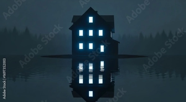 Fototapeta Mysterious House Glows on Water at Dusk with Foggy Forest Backdrop