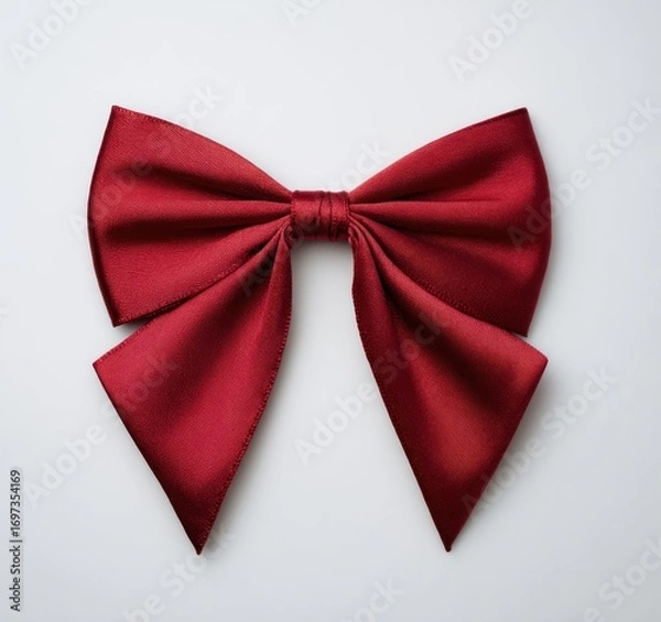 Fototapeta Shiny, folded dark red bow isolated on white. Center knot and hanging loops
