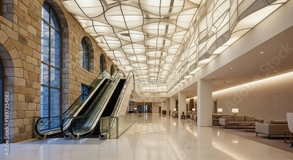 Fototapeta Modern Hotel Lobby with Stylish Escalators and Grand Ceiling Design