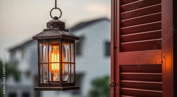 Fototapeta Warm Glowing Lantern Hangs by Rustic Red Shutters at Dusk