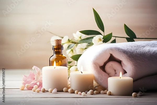 Obraz Serene spa arrangement featuring lit candles fern leaf rolled towels and spa stones on wooden surface