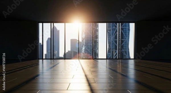Fototapeta Empty Modern Office Space with City View and Sunlit Floor