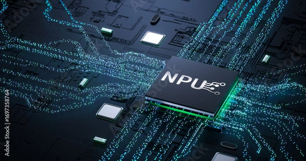 Fototapeta 3D Rendering of Neural Processing Unit (NPU) Chip on High - Tech Complex Circuit Board for AI and Tech Industry Innovation Visuals