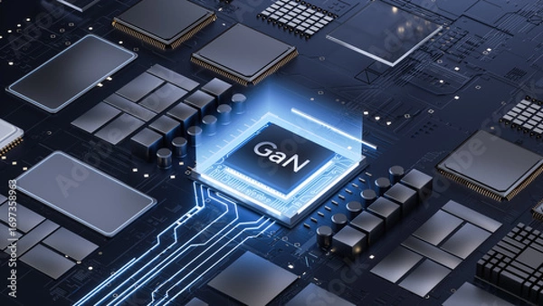 Obraz 3D Rendering of GaN Semiconductor Chip on High - Tech Circuit Board for Electronics Innovation Visualization 