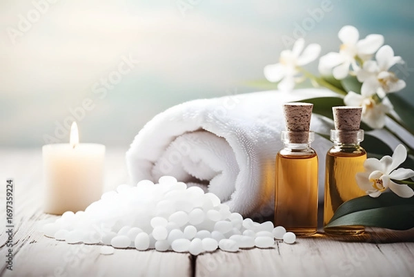 Obraz Serene spa arrangement featuring lit candles fern leaf rolled towels and spa stones on wooden surface