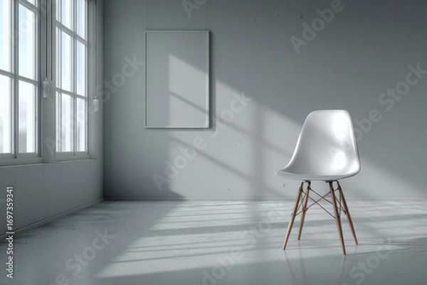 Obraz photorealistic depiction of ultraminimalistic empty room featuring single chair and minimalist painting on wall