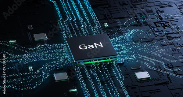 Fototapeta 3D Rendering of GaN (Gallium Nitride) Semiconductor Chip on High - Tech Circuit Board for Power Electronics Visualization
