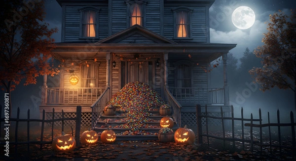 Fototapeta Spooky Halloween House with Candy Pile and Jack-o'-lanterns Under Full Moon