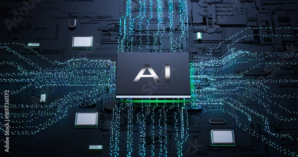 Fototapeta 3D Rendering of AI Processor Chip on Circuit Board for Technology and Innovation Concepts