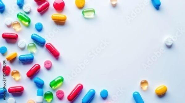 Fototapeta Colorful Assortment of Pills and Capsules Scattered on a White Background.