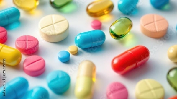Fototapeta Colorful Assortment of Pharmaceutical Pills and Capsules for Healthcare.