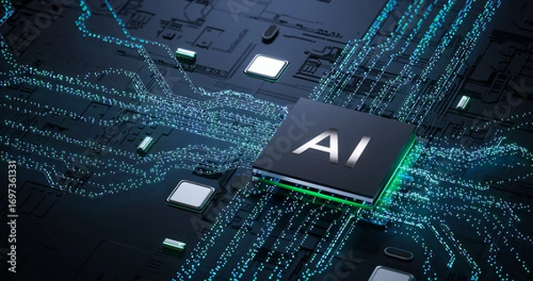 Fototapeta Digital Art Depicting AI Processor on High - Tech Circuit Board for Futuristic Computing and Innovation Themes