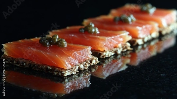 Fototapeta Appetizing row of canap?s with smoked salmon and caviar on dark, reflective surface. Luxurious and tasteful display