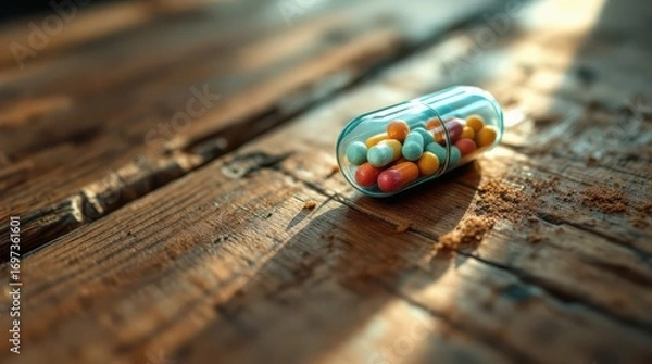 Fototapeta Transparent Capsule Filled with Colorful Pills on Rustic Wooden Surface.