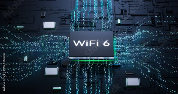 Fototapeta 3D rendering of WiFi 6 chip on printed circuit board for next - gen wireless technology concepts