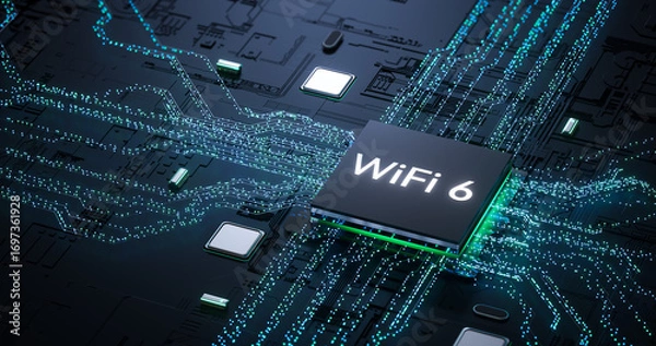 Fototapeta Digital art depicting WiFi 6 technology on futuristic circuit board with illuminated electronic connections for tech design
