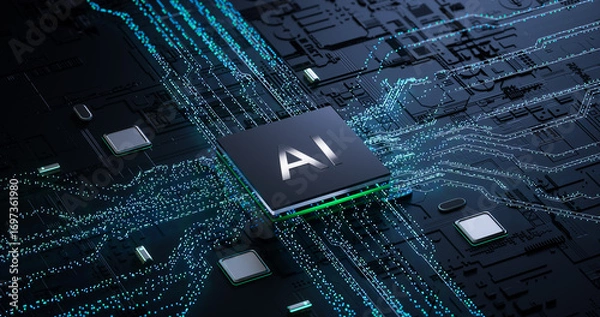 Fototapeta 3D Rendering of AI Processor Chip on High - Tech Circuit Board for Tech and Innovation Concept Visuals
