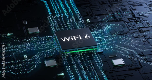 Fototapeta Digital Art Depicting WiFi 6 Chip on a High - Tech Circuit Board for Illustrating Next - Gen Wireless Network Innovations