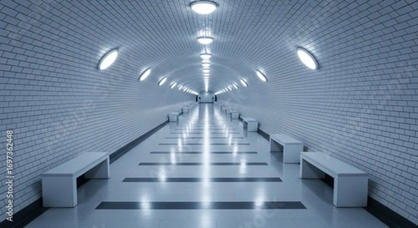 Fototapeta Modern Subway Tunnel with Clean White Tiles and Bright Lights