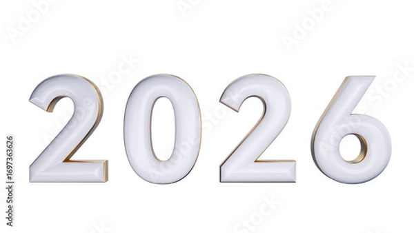 Fototapeta D Rendered Glossy White 2026 Numerals with Gold Accents on Transparent Background for New Year Graphics