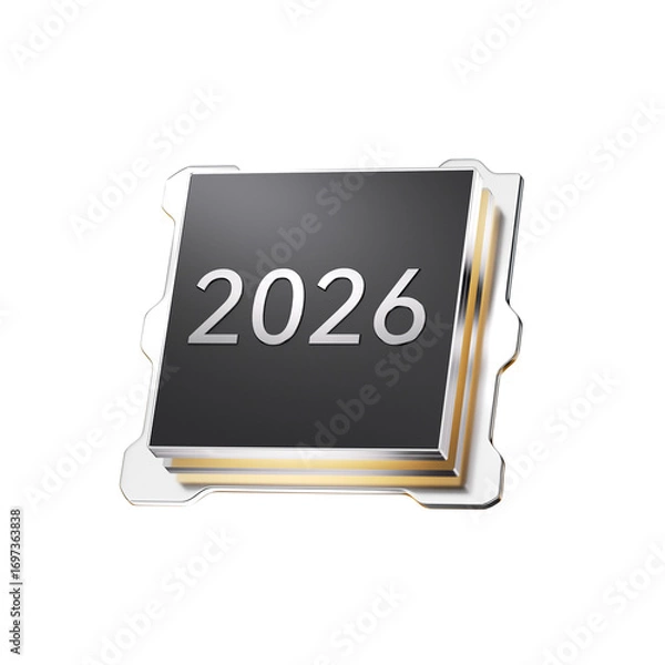 Fototapeta 3D rendering of a futuristic computer chip with "2026" text on transparent background for tech innovation concepts 