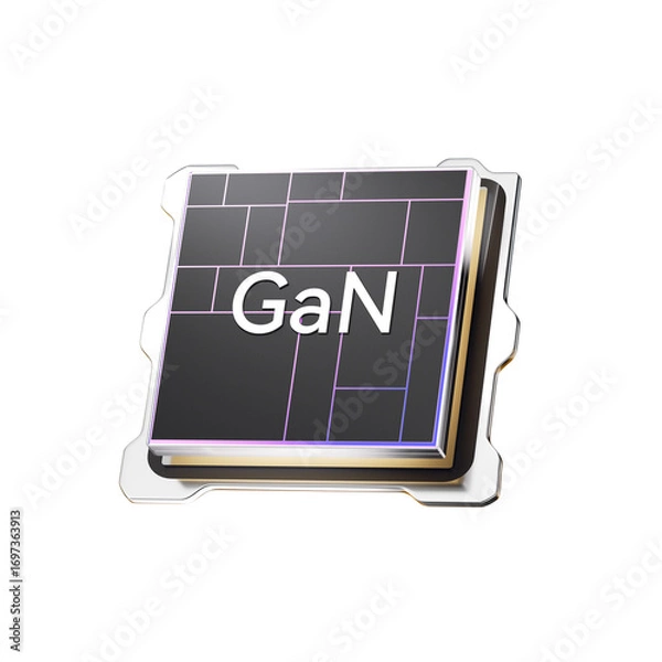 Fototapeta 3D rendering of GaN (Gallium Nitride) semiconductor chip with transparent background for technology illustrations