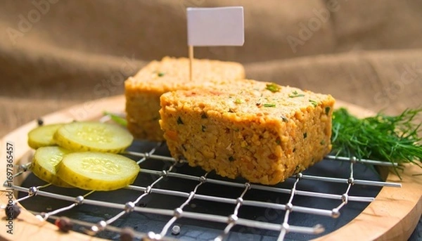 Fototapeta Two savory, golden-brown blocks of food, likely a meat or vegetable loaf, sit atop a wire rack on a wooden plate.  Dill sprigs and cucumber slices flank the blocks.  A blank label sits atop each loaf