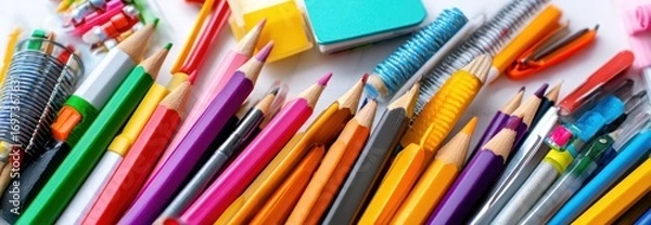 Fototapeta A colorful array of assorted stationery items are strewn on a white surface; pencils, erasers, rulers and other items filling the frame