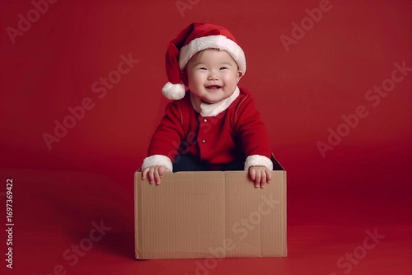Obraz Asian child in Santa hat sitting inside a brown box, enjoying festive moment