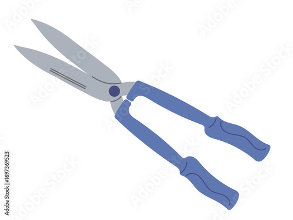 Fototapeta Garden shears with blue handles for trimming plants and shrubs in a home garden setting