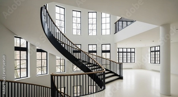Fototapeta Modern Spiral Staircase with Large Windows, Bright Open Space
