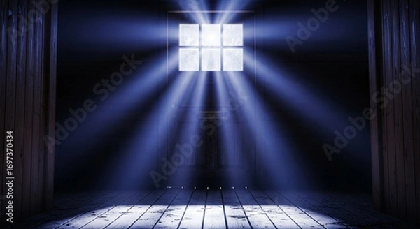 Fototapeta Mysterious Bright Light Beams Through Attic Window into Dark Room