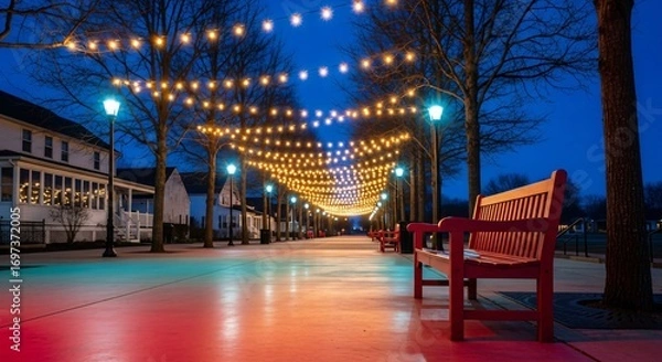 Fototapeta Charming Street Lights Twinkle Over Empty Park Benches at Dusk