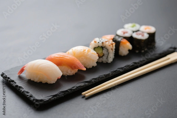 Fototapeta Assorted Sushi Rolls on Black Slate Plate with Chopsticks