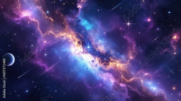 Fototapeta Cosmic Symphony - A Vibrant Nebula and Distant Moon.