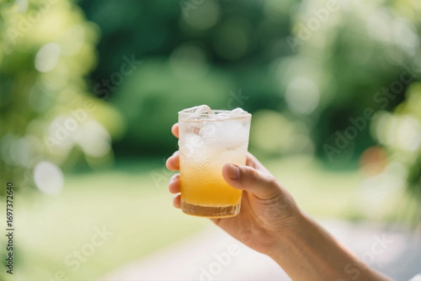 Fototapeta Refreshing Beverage with Condensation in Garden Light