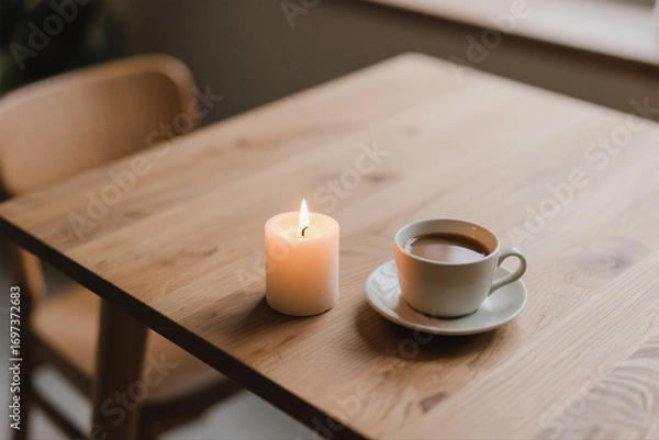 Fototapeta Minimalist Setup with Candle and Hot Beverage
