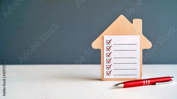 Obraz A wooden house shaped checklist with a pen on table, symbolizing home ownership tasks and responsibilities, with a grey background