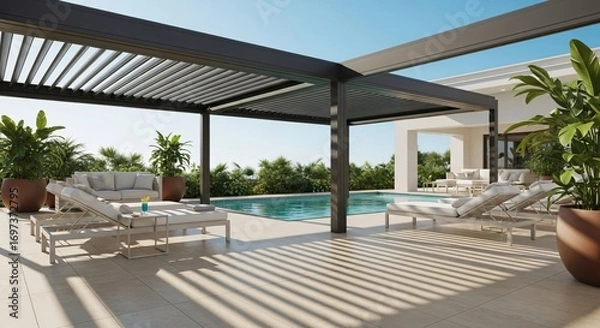 Fototapeta Modern Patio Oasis with Lounger, Pool, and Pergola