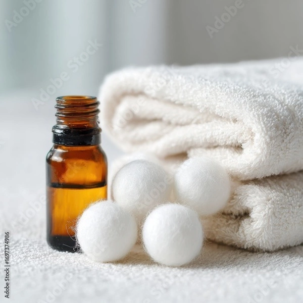 Fototapeta Essential oil bottle with cotton balls and white towels arranged neatly on a soft textured surface in a calming environment
