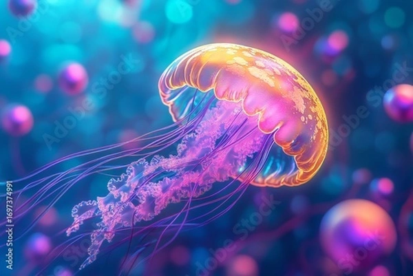 Fototapeta An imaginative 3D visualization of a soft-glowing jellyfish with translucent tentacles drifting through a neon-colored liquid realm filled with floating spheres  created by ai