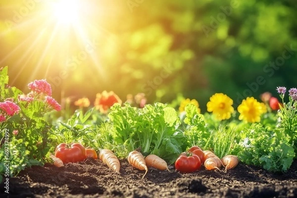 Fototapeta A lush vegetable garden with neat rows of tomatoes, carrots, and lettuce, surrounded by blooming flowers, under golden sunlight,  created by ai