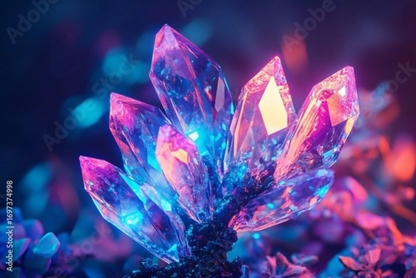 Fototapeta A vibrant neon crystal formation resembling an abstract tree with glowing shades of cyan, purple, and pink, created by ai